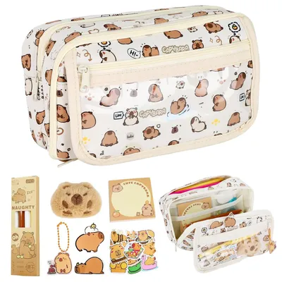 Image de TRANKIELO® - Étui à crayons spacieux avec motif capybara – Beige – 9 compartiments – Inclut 4 stylos et 20 autocollants