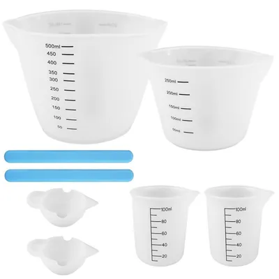 Immagine prodotto di Set di misurini in silicone, 6 pezzi, per resina epossidica, da 10 ml a 500 ml, con 2 bacchette per mescolare