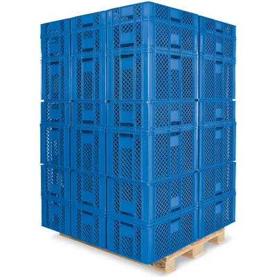 Produktbild von 1 Palette / 78 Stück Stapelkörbe/Bäckerkästen in 5 Größen, Grundmaß LxB 600 x 400 mm, H 90 mm, 150 mm, 240 mm, 320 mm, 410 mm, Farbe blau
