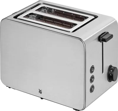 A stainless steel two-slice toaster.