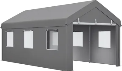 Image de Outsunny Tente garage carport dim. 6L x 2,95l x 2,78H m acier galvanisé robuste PE haute densité 160 g/m² imperméable anti-UV, 2 portes enroulables et 6 fenêtres