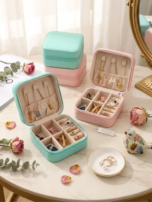 Produktbild von MEVYRA Reise-Schmuckkästchen aus Kunstleder, kleiner Schmuck-Organizer für Frauen und Mädchen, Rosa und Türkis, 2 Stück