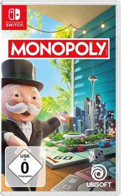 The cover art for the Nintendo Switch game Monopoly, featuring Mr. Monopoly and a cityscape.