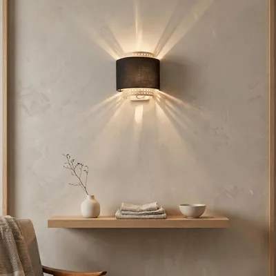 Produktbild von MinteVolt Wandleuchte Innen Boho Stoff Rattan-Optik Schwarz 23x20cm