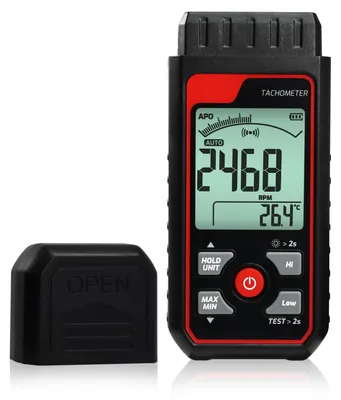 Obrázek produktu pro Digitální otáčkoměr s laserovým senzorem, rozsah 2,5–99 999 otáček za minutu, funkce alarmu, podsvícení