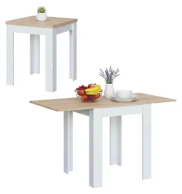 Produktbild von Ausziehbarer Tisch Dkuavit, Klappbarer Esstisch mit Buchöffnung, Klappbarer Hilfstisch, 67x67/135h79 cm, Weiß und Eiche