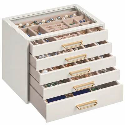 Produktbild von SONGMICS Schmuckkästchen aus Holz mit Glasdeckel, Schmuck Organizer mit 5 Ebenen, 24 x 17,2 x 18,4 cm, Weiß