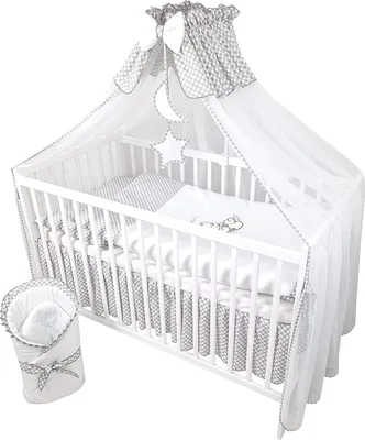 Produktbild von Babybettwäsche Komplettset 11 Teilig ohne Bett für Bettchen in Größe 60x120 aus 100% Baumwolle bestickt mit einem Teddybär auf Mond inkl. Moskitonetz Grau