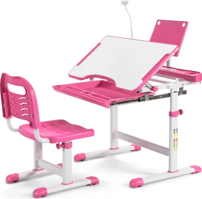 Produktbild von Kinderschreibtisch höhenverstellbar, Schülerschreibtisch neigungsverstellbar, Jugendschreibtisch mit LED-Lampe und Bücherständer, Schreibtisch Set für Kinder mit Stuhl und Schublade (Rosa)