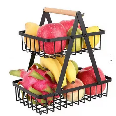 Produktbild von Metall Obstkorb Schwarz – 2-stöckiger Obst Etagere, Küchenkorb, Obstschale, platzsparender Aufbewahrungskorb 27x18x29 cm