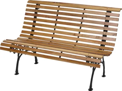 A wooden park bench with black metal legs on a white background.