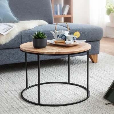 Produktbild von WOHNLING Couchtisch 60x43x60 cm Akazie Massivholz / Metall Sofatisch Design Wohnzimmertisch Rund Kaffeetisch Massiv Kleiner Tisch Wohnzimmer