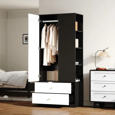 Image de Armoire avec miroir, penderie à 2 tiroirs et 4 étagères, blanche et noire, armoire de chambre à coucher, 80 x 40 x 180 cm. Blanc + noir