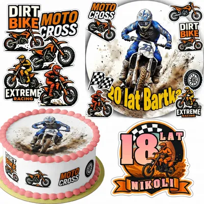 Obrázok produktu pre SADA DEKORÁCIÍ NA TORTU: 20 cm + 16 postavičiek – MOTOCROSS + meno (15 cm, 18 cm)
