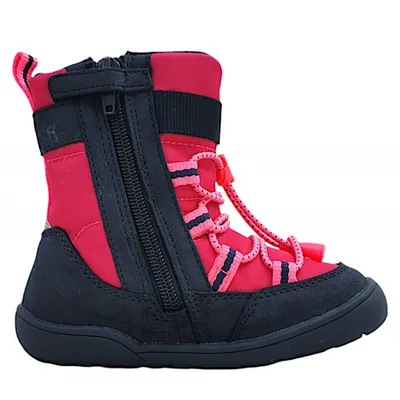 A single red and black winter boot for children.