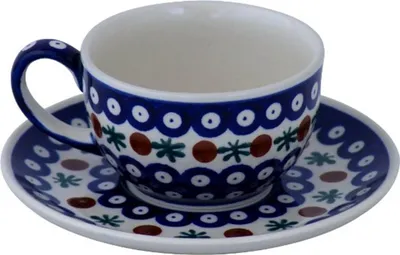 Produktbild von Original Bunzlauer Keramik Kaffeetasse Teetasse Ø9,8 cm klassisch 200 ml mit Unterschale Ø16 cm im Design 41