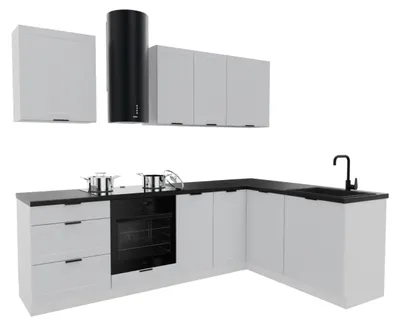 Obrázek produktu pro Rohová kuchyňská linka - tvar L - 260x170 cm - Bílá matná - s černou pracovní deskou - MDF - Hliníkové úchytky - Nábytek - ADELE