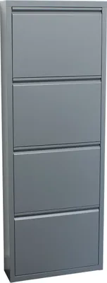 A tall, narrow, gray metal shoe cabinet with four flip-down doors.