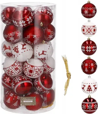 Immagine prodotto di Palline natalizie rosso-bianche mix - 7 cm, set da 30 pezzi