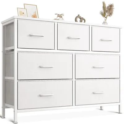 Obrázok produktu pre Komoda s 7 zásuvkami potiahnutými látkou, oceľový rám, nastaviteľné nožičky, biela, 100 x 30 x 77 cm