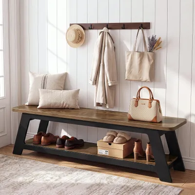 Produktbild von 160 cm Lange Flurbank, Innenbank Moderne Bank im Landhausstil mit Schuhablage für Flur, Schlafzimmer, Vorraum, braun und schwarz