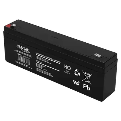 A black battery with labels and symbols on a white background.