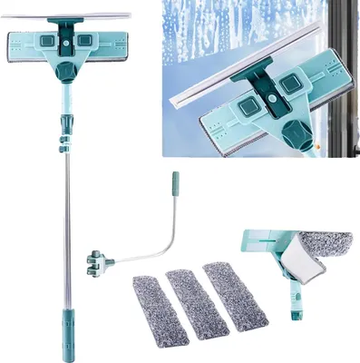 Obrázek produktu pro Stěrka na okna, teleskopická délka 69 cm až 145 cm, dvojí funkce, materiál z mikrovlákna, univerzální kompatibilita, uživatelsky přívětivý design