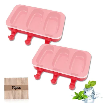 Produktbild von Eisformen Silikon 2er Set, 3 Kavitäten pro Form, BPA Frei, mit 50 Stielen & Silikondeckel, Rot