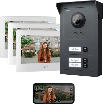 A doorbell camera system with multiple indoor monitors and a smartphone displaying the camera feed.