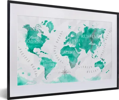 Produktbild von MuchoWow® MuchoWow® Gerahmtes Poster Weltkarte - Malerei - Aquarell 60x40 cm - Poster mit zchwarzem Bilderrahmen - Schlafzimmer - Plakat in Rahmen - Drucken