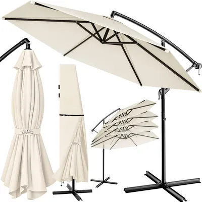 Produktbild von KINGSLEEVE® Sonnenschirm UV Schutz 80+ Ø 330cm Groß mit Ständer Schutzhülle Windsicherung Windfest Neigbar Rund Kurbel Garten Balkon Ampelschirm Creme