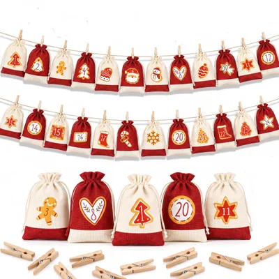 Adventskalender zum Befüllen, 24 Jutebeutel mit Holzklammern