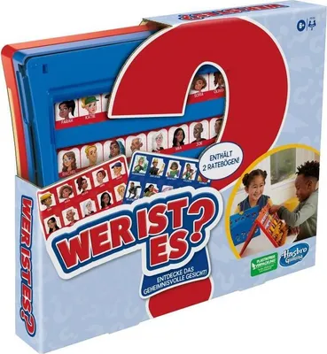 The image shows the packaging of the Hasbro 'Wer ist es?' board game, with the game box prominently displayed. Two children are shown playing the game in a smaller inset image on the right.