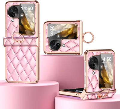Produktbild von Luxus Leder Muster Galvanik Handyhülle für Oppo Find N3 Flip mit Ringhalterung und Scharnierschutz Pink