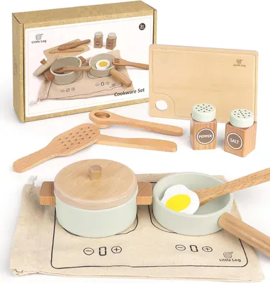 Image de Ensemble de vaisselle de cuisine pour enfants, 12 pièces, accessoires de cuisine en bois, idéal pour le jeu de rôle, à partir de 3 ans
