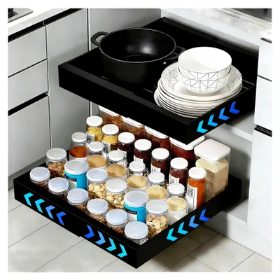 Produktbild von Teleskopschublade für die Küche, ausziehbar, Breite 31-52 cm, selbstklebende Auszugsschienen, bohrfreie Montage, schwarz