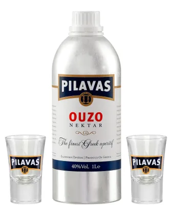 Produktbild von Ouzo Pilavas Nektar | 1,0l Aluminium Flasche | Hochwertig | Aus Griechenland | +20ml Jassas Olivenöl