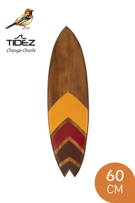 A decorative surfboard with a bird illustration and brand logo.