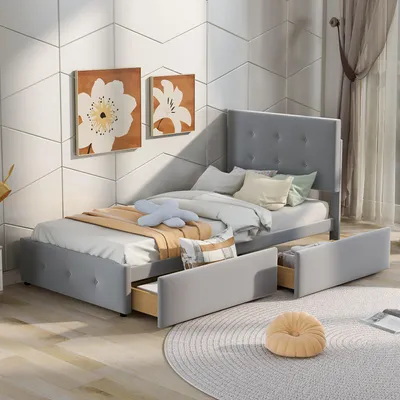 Image de Lit rembourré 90 x 200 cm avec tête de lit réglable en hauteur, lit simple en bois avec deux tiroirs et sommier à lattes, lit d'adolescent en velours, gris