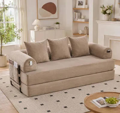 Produktbild von okwish Klassische Sofas mit drei weichen Kissen und Aufbewahrungstasche,Schlafsofa,Metallgestell,Modernes Klappsofa,Khaki