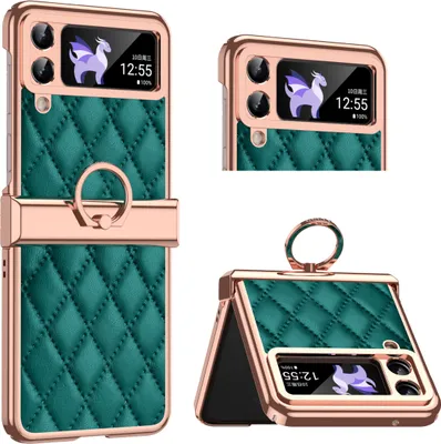 Image de Etui pour Samsung Galaxy Z Flip 4 5G Etui de luxe en cuir galvanisé avec porte-anneau et protection de la charnière vert