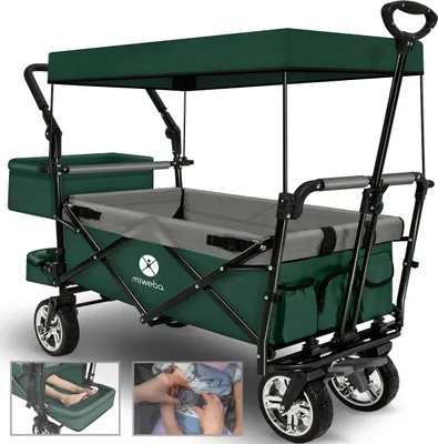 Produktbild von Miweba Faltbarer Bollerwagen MB-20 | Sonnendach - Schiebe- & Zugstange - Stauraumverlängerung - 360° Räder - Bis 100 Kg (Dunkelgrün/Grau)