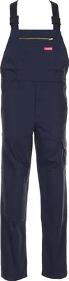 A pair of navy blue cargo overalls is shown against a white background.
