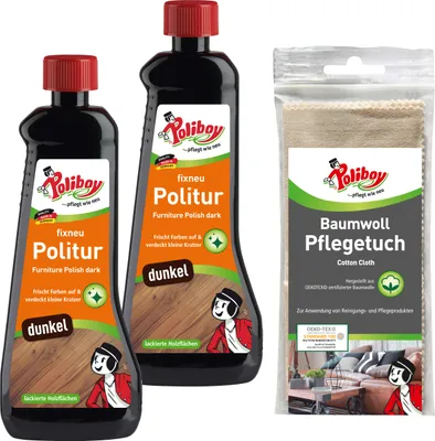 Produktbild von Poliboy fixneu Politur dunkel - Möbelpolitur für dunkle lackierte Hölzer - farbauffrischende Holzpolitur - 2x 500ml - Mit Baumwolltuch