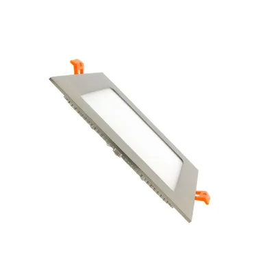 A square, flat LED panel light with silver trim and orange clips, shown at an angle against a white background.