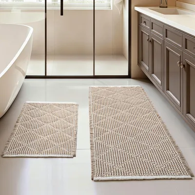 Produktbild von Großes, zweiteiliges Badteppich-Set im Boho-Stil, rutschfest, waschbar, braunes Waffelmuster, geeignet für Bad, Waschküche, Wohnzimmer und Schlafzimmer, 51 x 120 cm + 46 x 77 cm
