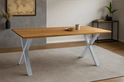 Produktbild von Esstisch 200x100 cm Baumkante Eichenholz massiv geölt X-Gestell silber SALVADOR
