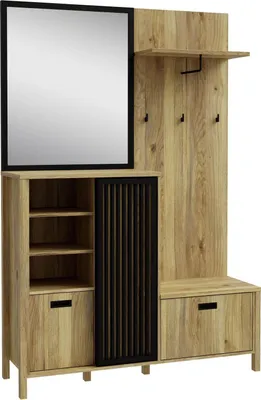Produktbild von Forte JYTANA Garderobe 130, skandinavische Garderobe mit Spiegel, Kleiderstange und Aufbewahrung, Holzwerkstoff, Mauvella Eiche Holzdekor / Schwarz, 132 cm breit x 200,3 cm hoch x 40,2 cm tief