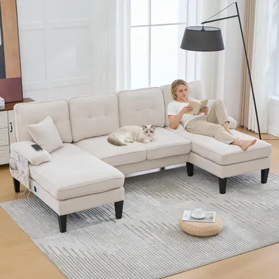 Image de OKWISH Canapé d'Angle 4 Places Avec 2 Méridiennes, Dossier Ergonomique et Coussins Décoratifs, Tissu Lin, Beige