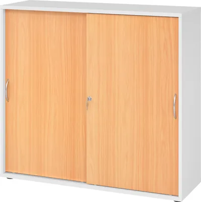 Produktbild von bümö Schiebetürenschrank office - 3 Ordnerhöhen - Griff: Bogengriff (Metall), Nachbildung: Weiß/Buche